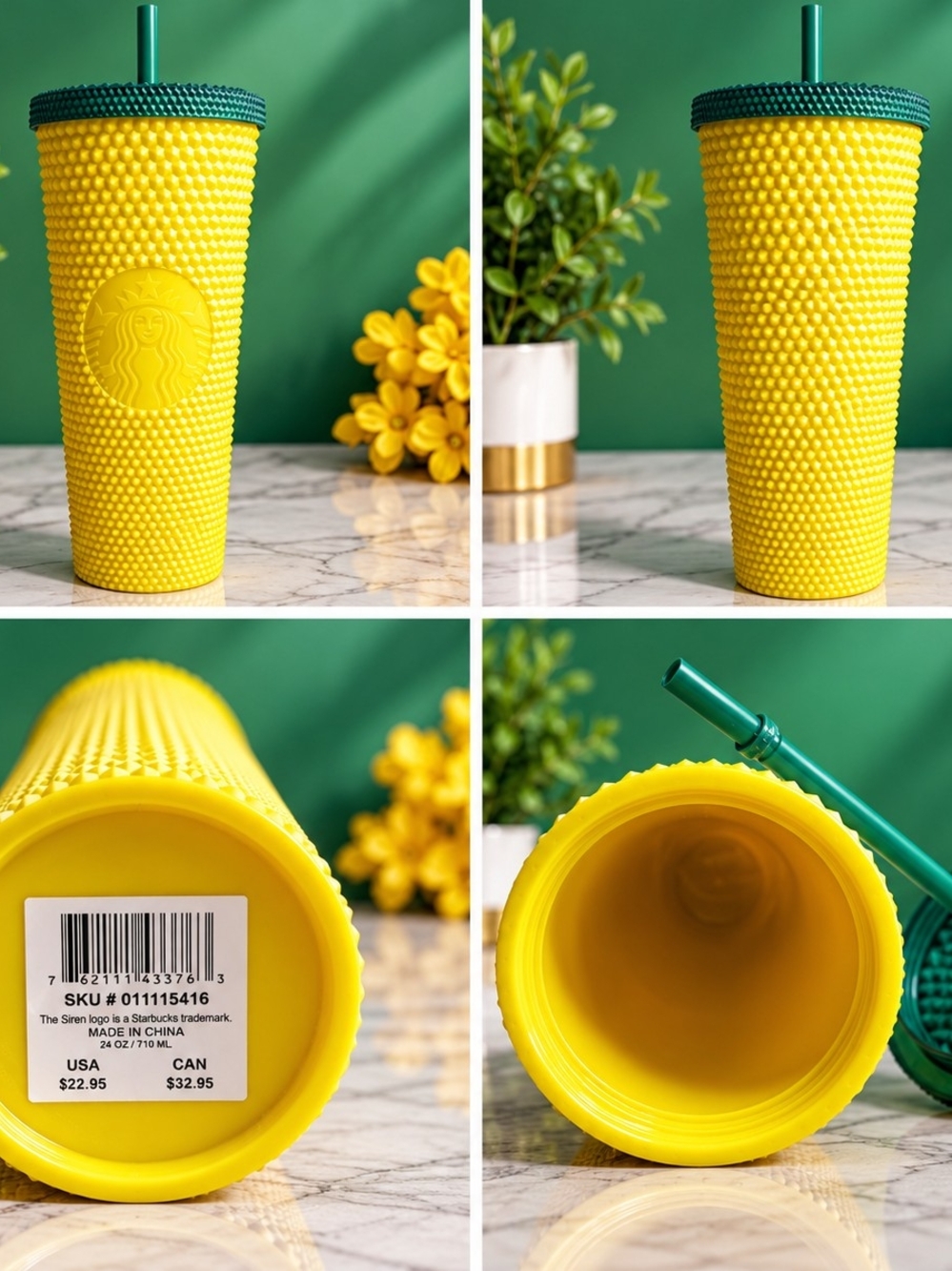 Starbucks Yellow Studded Cold Cup with Green Lid and Straw